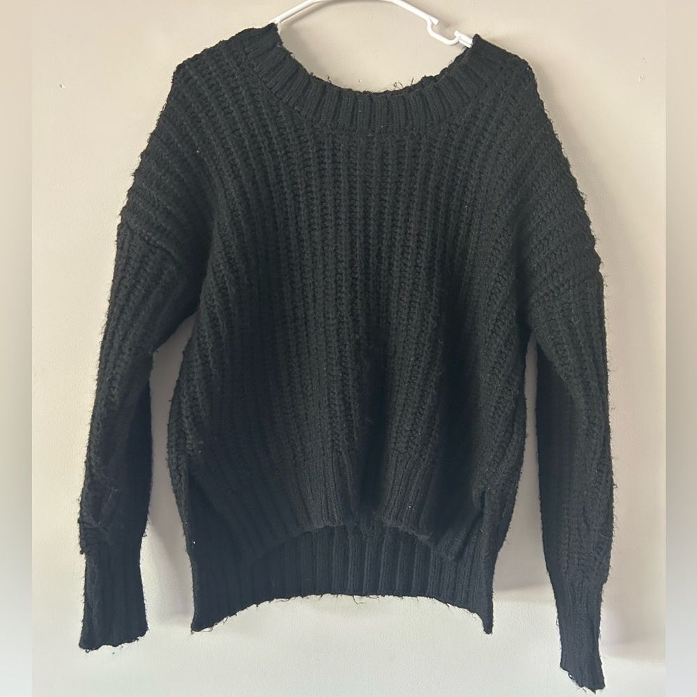 Aerie Thick Chunky Knit Black Oversized Crewneck Sweater Size XS Cozy Winter